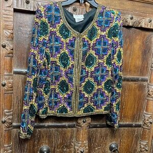 Vintage Stenay Silk Beaded Cardigan Jacket | XL | 80s–90s Sequin Mardi Gras